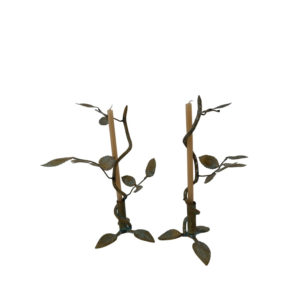 Branch Candlestick Pair Bronze Verdigris Leaf Twig Woodland Fairycore